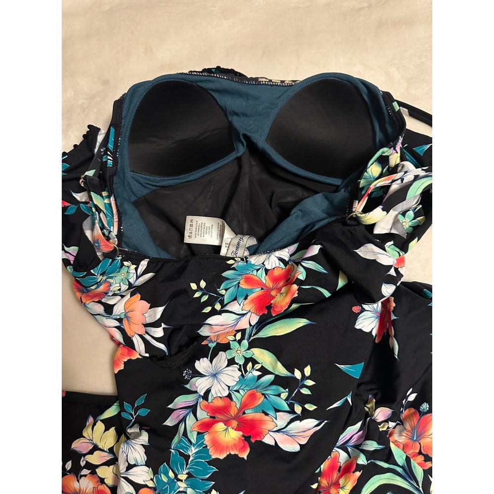 Tommy Bahama Womens XS Black Floral Tankini Set Ruffle Top Skirt Rouched Sides - Picture 10 of 15